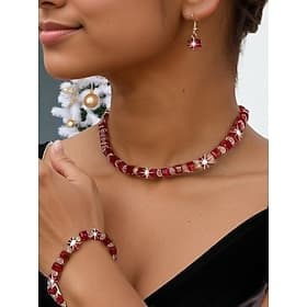Women's Red Crystal Beaded Jewelry Set for Christmas Party, Elegant Necklace, Bracelet Drop Earrings Set for Holiday Celebrations and Formal Events