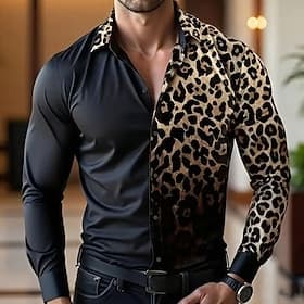 Men's Leopard Print Shirt Satin Shirt Dress Shirt Long Sleeve Fashion Casual Vacation Dailywear Summer Spring Fall Turndown 3D Print Button Up Shirts Black