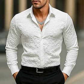 Men's Shirt Casual Shirt Button Up Shirt Black White Long Sleeve Floral Plain Lapel Vacation Casual Jacquard Clothing Apparel Fashion Chic Modern Casual Smart