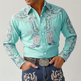 Men's Horseshoe Intricate Floral Shirt Western Shirt Cowboy Shirt Long Sleeve Vintage Retro Outdoor Vacation Spring Fall Turndown 3D Print Linen Like Shirt Blu