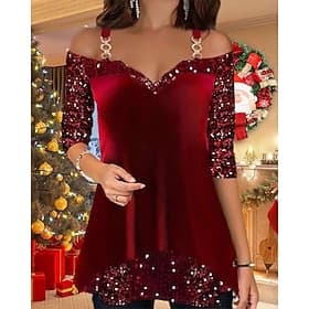 Weihnachten Damen Samt Shirt Einfarbig Grafik Elegant Vintage Party Langarm Schulterfrei Lange Oberteile Hochzeitsgast Party Abendgarderobe Partyeffekte Druck