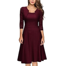 Damen Minikleid A Linie Kleid Elegant Party Cocktail Outdoor Party Hochzeit Spitze Patchwork Normale Passform Einfarbig Dreiviertelarm Quadrathals Rosa Wein Ro