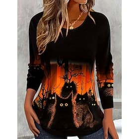 Women's T shirt Pumpkin Graphic Cat Vintage Stylish Classic Long Sleeve Crew Neck Regular Tops Daily Print Orange Spring Fall Winter