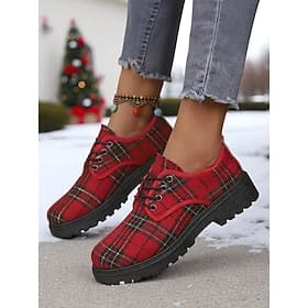 Women's Red Plaid Lace-Up Oxford Shoes, Vintage Tartan Pattern Casual Shoes, Perfect for Christmas Outfits, Winter Fashion Holiday Gatherings