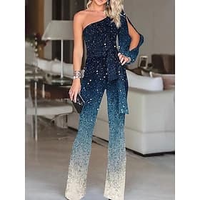 Women's Normal Jumpsuit Elegant Graphic Long Sleeve One Shoulder High Waist Sequin Party Cocktail Party Regular Fit Blue Spring