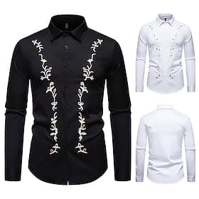 Men's Shirt Dress Shirt Button Up Shirt Embroidered Shirt Plain Formal Wedding Black White Long Sleeve Lapel Spring Fall Clothing Apparel Embroidery