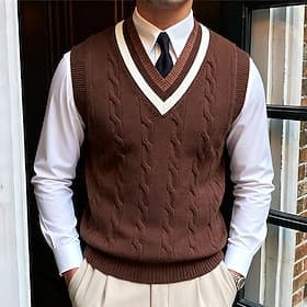 Men's Sweater Vest Pullover Sweater Jumper Knit Sweater Ribbed Cable Knit Regular Tops Knitted Plain V Neck Keep Warm Modern Contemporary Vacation Street Cloth