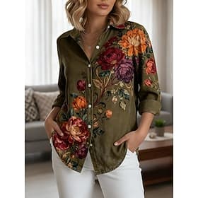 Women's Shirt Buttons Print Floral Elegant Stylish Casual Long Sleeve Shirt Collar Regular Tops Daily Work Holiday Wine Navy Blue Green Spring Fall