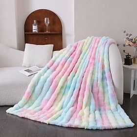 Dicke, warme Decke aus Kaninchenfell mit Batikmuster, flauschige, lange Plüschdecke für Sofa, Bett, Büro, gemütliches Nickerchen, kuschelige Fleecedecke für He