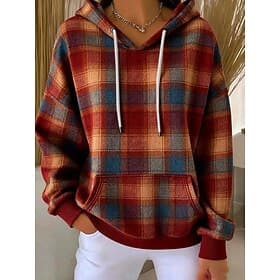 Women's Pullover Hoodie Sweatshirt Print Front Pocket Graphic Geometric Plaid Warm Vintage Casual Long Sleeve Hooded Regular Tops Casual Street Dailywear Blue