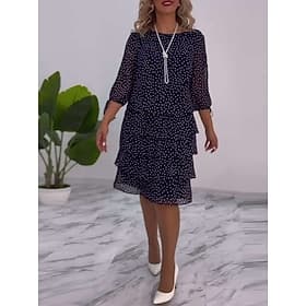 Femmes Mini Robe Robe trapèze Occasionnel Quotidien Coupe régulière À pois Manche 3/4 Col ras du cou Bleu marine Noir Vert Été Printemps Automne