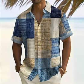 Homme Géométrique Bloc de Couleur Patchwork Chemise Chemise Boutonnée Manche Courte Mode Décontractée Vacances Fête Vêtements de rue Été Col Rabattu Impression