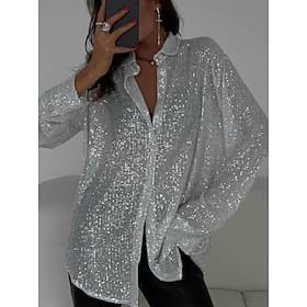 Women's Casual Shirt Button Up Shirt Blouse Sequins Buttons Solid Color Elegant Stylish Casual Long Sleeve Turndown Regular Tops Daily Outdoor Party Sage Green