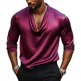 Men's Shirt Silk Like Satin Shirt Casual Shirt Plain Daily Vacation Black Navy Blue Green Dark Purple Long Sleeve Cowl Neck Spring Fall All Seasons Clothing