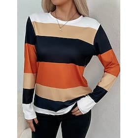 Women's T Shirt Print Graphic Geometric Striped Vintage Fashion Stylish Long Sleeve Crew Neck Round Neck Regular Tops Daily Weekend Orange Spring Fall Winter