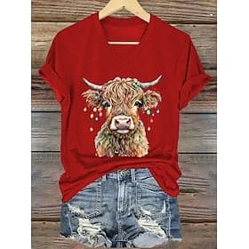 Women's T Shirt Graphic Animal Cow Vintage Stylish Classic Short Sleeve V Neck Regular Tops Daily Print Blue Black White Pink Red Summer Spring Fall Winter