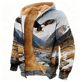 Voor heren Adelaar Fleece Trui met capuchon Jack Sweatshirt Klassiek Militair Jagen Lange mouw Strakke ronde hals Buiten Kamperen blauw Bruin Rits omhoog Herfs