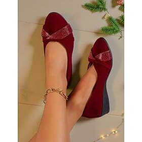 Ballerines compensées bordeaux pour femme avec nœud – style décontracté, confortable et chic pour les fêtes de Noël et les événements festifs