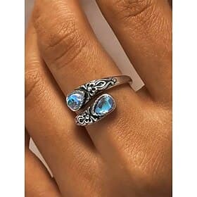 Bague ajustable en argent pour femme avec pierre de lune et cristal, bijou bohème vintage pour fiançailles, anniversaire et usage quotidien