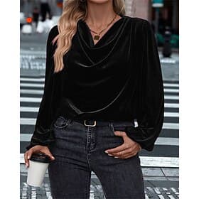 Women's Velvet Elegant Dressy Blouse Ruched Draped Solid Color Plain Elegant Ladies Stylish Long Sleeve Halter Neck Regular Tops Daily Work Holiday Black Wine