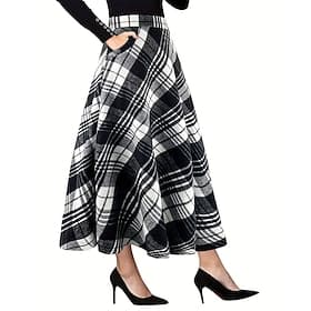 Women's Elegant Fashion Casual Midi Mid Waist Skirts Plaid Plain Pocket Inelastic Daily Office / Career Black And White Fall