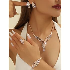Women's Gold Plated Jewelry Set with Rhinestones, Elegant 4-Piece Necklace, Bracelet, Earrings Ring Set for Parties, Weddings Evening Events