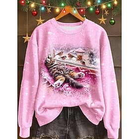 Women's Pullover Print Graphic Cat Warm Classic Casual Long Sleeve Crew Neck Regular Tops Casual Home Street Blue Pink Red Fall Winter