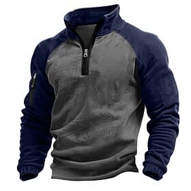 Men's Pullover Quarter Zip Sweatshirt Tactical Hoodie Blue Green Khaki Coffee Standing Collar Half Zip Plain Patchwork Pocket Color Block Sports Outdoor Sport