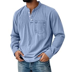 Men's Henley Shirt 100% Cotton Acid Wash Shirt Long Sleeve Henley Spring Fall All Seasons Vintage Retro Vintage Casual Pocket Vintage Style Garment Dyed Casual