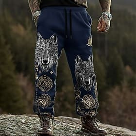 Men's Wolf Viking Celtic Art Pants Trousers Casual Pants Mid Waist Drawstring Elastic Waist Vintage Retro Outdoor Camping Hiking Hunting Straight Leg Trousers
