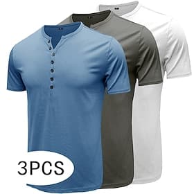Herren 3er-Set T-Shirts aus 80 % Baumwollmischgewebe, Kurzarm, einfarbig, schlicht, mit Knöpfen, Henley-Laufshirt, für Outdoor, Freizeit, Alltag, Sommer und Fr