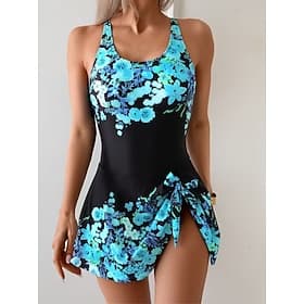 Women's One Piece Swimsuit with Skirt Skirt Vacation Beach Wear Floral Graphic U Neck Sleeveless Bathing Suits