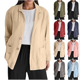 Veste femme effet lin, décontractée, confortable et respirante, à boutons, élégante, simple, rétro, unie, col cranté classique, coupe ample, manches longues, i