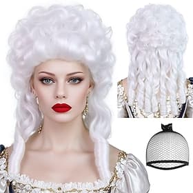 Hair Cap White Curly Baroque Wig Ringlet Curls 18th Century Wig Synthetic Updo White Female Judge Lawyer Wigs Powdered Wigs for Women Cosplay Costume Christma