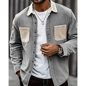 Men's Shirt Casual Shirt Corduroy Shirt Button Up Shirt Blue Black Army Green Gray Long Sleeve Color Block Turndown Vacation Casual Multiple Pockets Clothing A