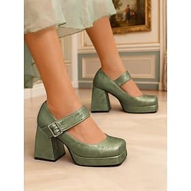 Groene Mary Jane-plateaus van imitatieleer met bloemenmotief en gesp voor dames - Vintage schoenen met blokhakken uit de jaren 50 voor formele gelegenheden, fe