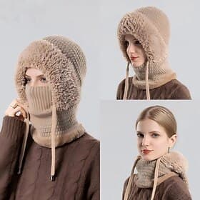3-in-1 Beanie Hat Neck Warmer Face Cover Women Outdoor Knitted Hat with Fleece Lined Face Mask and Neck Warmer All-in-One Beanie for Cycling Hiking Winter Cold