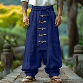 Men's Linen Pants Trousers Summer Pants Baggy Pants Buttons Drawstring Elastic Waist Plain Comfort Breathable Full Length Outdoor Yoga Gym Designer Retro Vinta