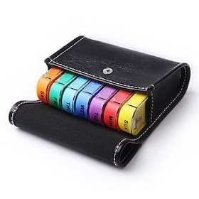 Pastillero semanal de 7 días con bolsa de almacenamiento de piel sintética - 28 compartimentos con código de color, plástico apto para uso alimentario Diseño p