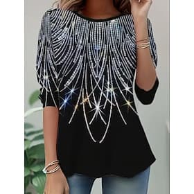New YearWomen's T Shirt Graphic Abstract Vintage Fashion Stylish Long Sleeve Crew Neck Regular Tops Daily Weekend Print Black Fall Winter