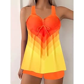 Damen Tankini 2-teilig Badeanzug Farbblock Shorts Bauchkontrolle Hohe Taille Slim Rückenfrei Urlaub Strandbekleidung Ombre Geometrischer V-Ausschnitt Ärmellose