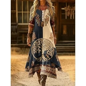 Per donna Abito Midi Abito a Tubino Vacanza Casual Boho Quotidiano Ferie Vestibilità regolare Floreale Grafico Geometrico Manica Lunga Girocollo Scollo a V Mar