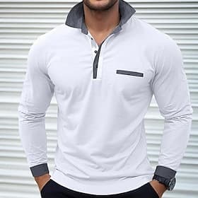 Herren Einfach Golfshirt Langarm Revers Urlaub Basic Freizeit Sport Ferien Alltagstauglich Patchwork Tasche Knöpfe Ganzjahres Hellblau Schwarz Weiß