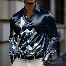 Men's Geometric Grid / Plaid Glass Shirt Satin Shirt Dress Shirt Long Sleeve Business Casual Vacation Dailywear Summer Spring Fall Turndown 3D Print Button Up