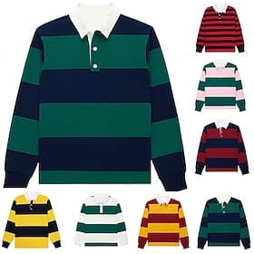 Men's Stripes Rugby Polo Long Sleeve Polo Shirts Collared Shirts Casual Outdoor School Athleisure 3D Print Spring Fall Winter Blue