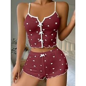 Femmes Ensemble Pyjama Occasionnel Confort Cœur Taille Élastique Débardeur Shorts Maison Quotidien Sans manches Col en V Noir Blanche Rose Claire Vin Rouge Été