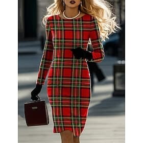 Damen Minikleid T-Shirt-Kleid Lässig Halbformelle Kleider Täglich Büro Normale Passform Geometrisch Hahnentrittmuster Langarm Rundhalsausschnitt Blau Dunkel Br