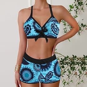 Damen Badeanzug Zweiteilig Shorts Bademode Rückenfrei Urlaub Strandbekleidung Blumen Neckholder Ärmellos Badeanzüge