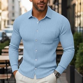 Homme Chemise Tricot côtelé Chemise Décontractée Chemise Boutonnée Bleu Blanche bleu marine Gris manche longue Uni Col Occasionnel Quotidien Avec Poches Vêteme