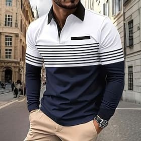 Men's Horizontal Stripes Polo Long Sleeve Polo Shirts Collared Shirts Business Casual Business Athleisure Daily Wear Pocket 3D Print Buttons Spring Fall Winter